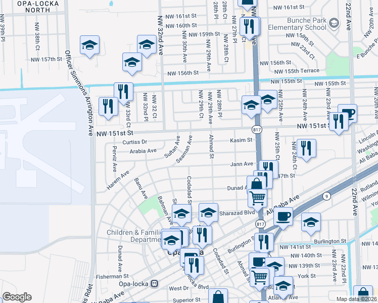 map of restaurants, bars, coffee shops, grocery stores, and more near 175 Seaman Avenue in Opa-locka