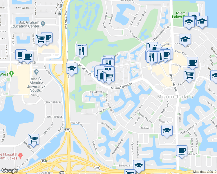 map of restaurants, bars, coffee shops, grocery stores, and more near 7301 Miami Lakes Dr in Hialeah