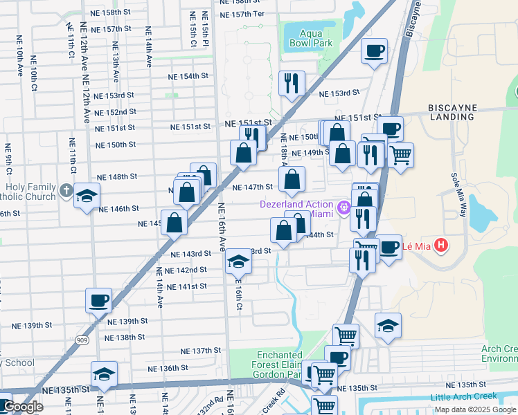 map of restaurants, bars, coffee shops, grocery stores, and more near 1743 Northeast 145th Street in North Miami
