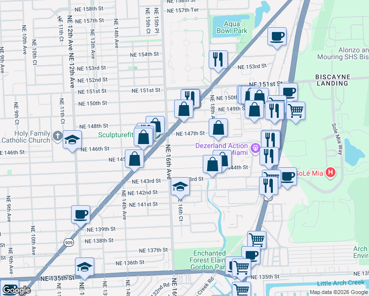 map of restaurants, bars, coffee shops, grocery stores, and more near 1655 Northeast 145th Street in Miami