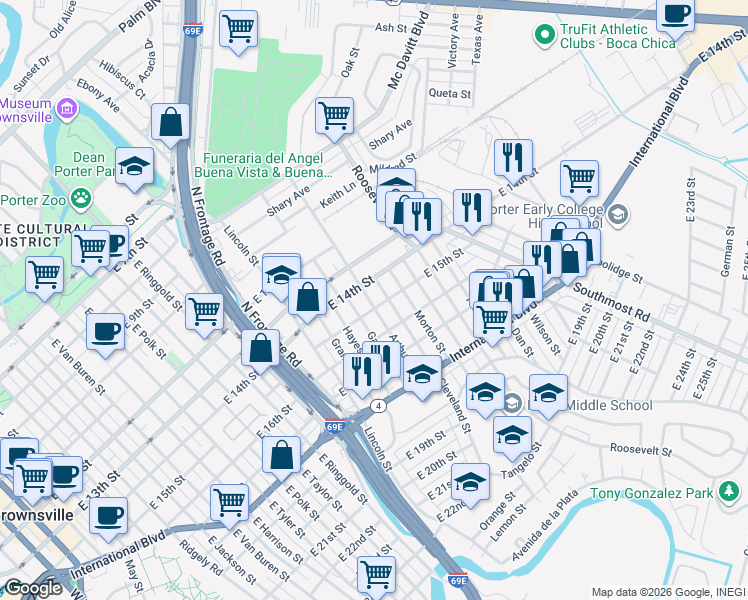map of restaurants, bars, coffee shops, grocery stores, and more near 1447 Garfield St in Brownsville