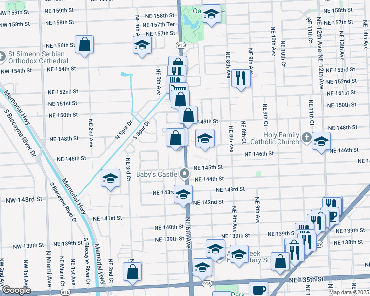 map of restaurants, bars, coffee shops, grocery stores, and more near 14565 Florida 915 in North Miami