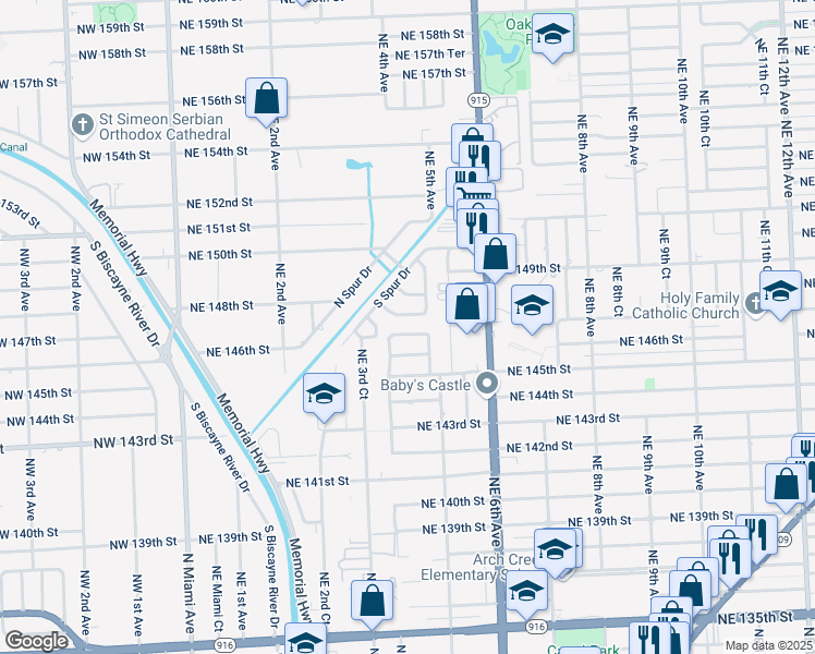 map of restaurants, bars, coffee shops, grocery stores, and more near 452 Northeast 146th Terrace in Miami