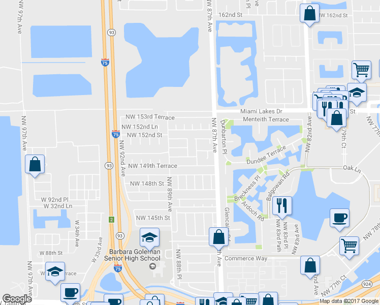 map of restaurants, bars, coffee shops, grocery stores, and more near 8760 Northwest 150th Street in Hialeah