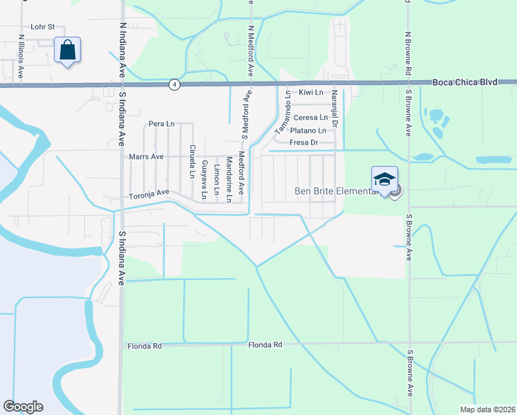 map of restaurants, bars, coffee shops, grocery stores, and more near 1184 Toronja Avenue in Brownsville