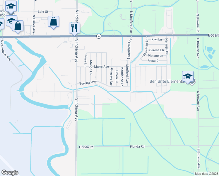 map of restaurants, bars, coffee shops, grocery stores, and more near 1004 Toronja Avenue in Brownsville