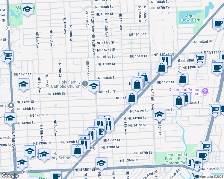 map of restaurants, bars, coffee shops, grocery stores, and more near 1290 Northeast 146th Street in Miami