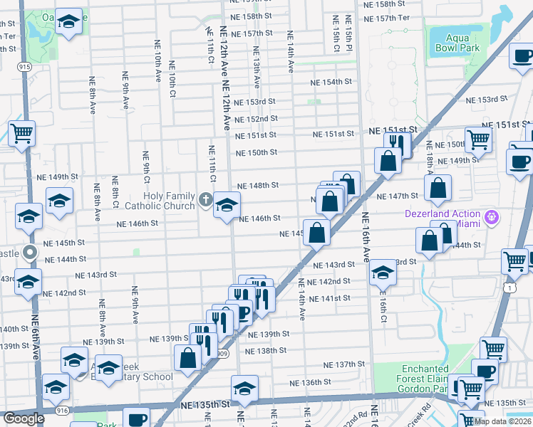 map of restaurants, bars, coffee shops, grocery stores, and more near 1290 Northeast 146th Street in Miami
