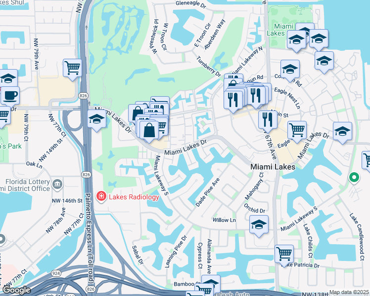 map of restaurants, bars, coffee shops, grocery stores, and more near 7152 Laurel Lane in Miami Lakes