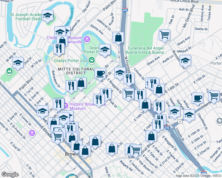 map of restaurants, bars, coffee shops, grocery stores, and more near 926 E Taylor St in Brownsville