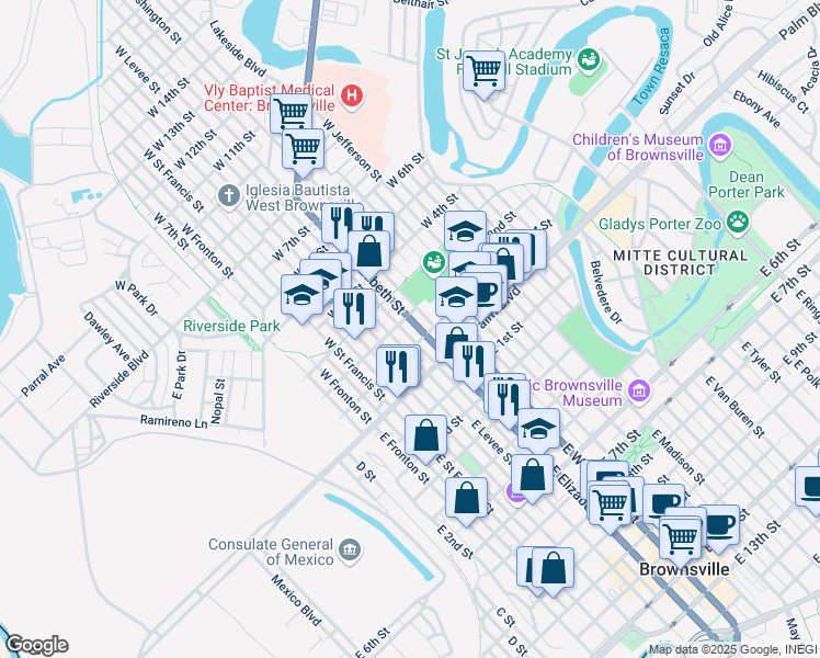 map of restaurants, bars, coffee shops, grocery stores, and more near 105 West Elizabeth Street in Brownsville