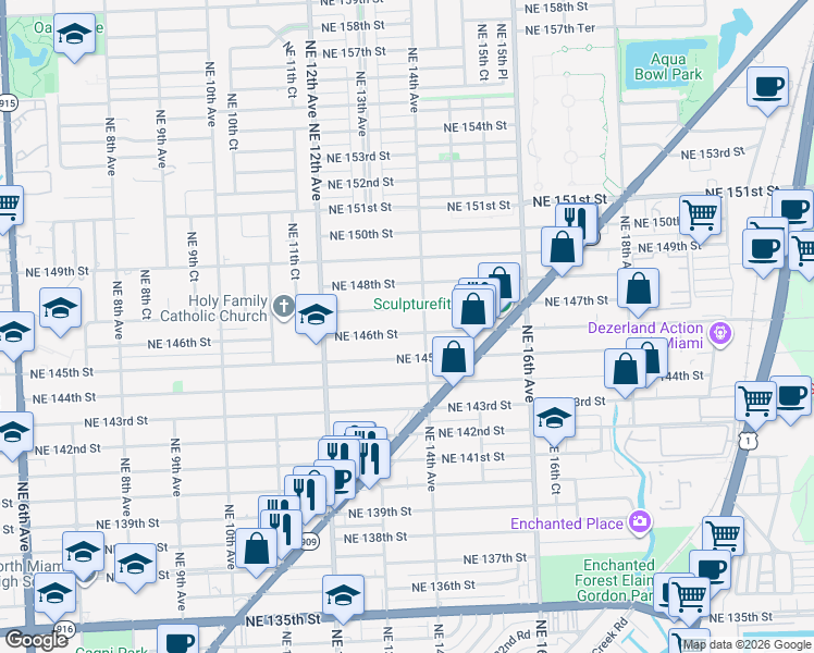 map of restaurants, bars, coffee shops, grocery stores, and more near 1361 Northeast 145th Street in Miami