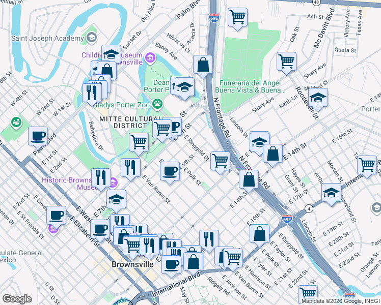 map of restaurants, bars, coffee shops, grocery stores, and more near 926 E Taylor St in Brownsville