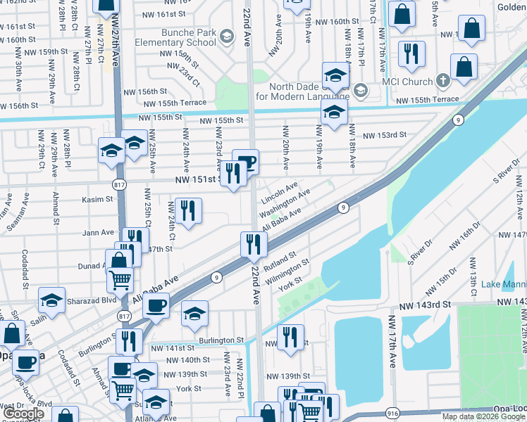 map of restaurants, bars, coffee shops, grocery stores, and more near 2140 Ali Baba Avenue in Opa-locka