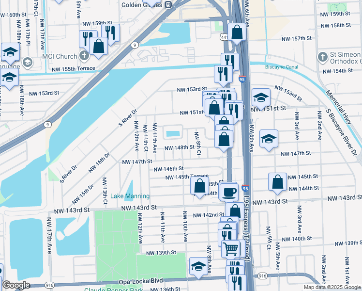 map of restaurants, bars, coffee shops, grocery stores, and more near 14725 Northwest 10th Avenue in Miami