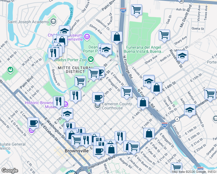 map of restaurants, bars, coffee shops, grocery stores, and more near 926 E Taylor St in Brownsville