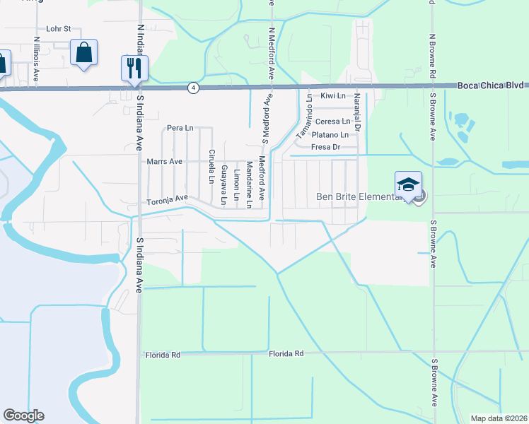 map of restaurants, bars, coffee shops, grocery stores, and more near 1184 Toronja Avenue in Brownsville