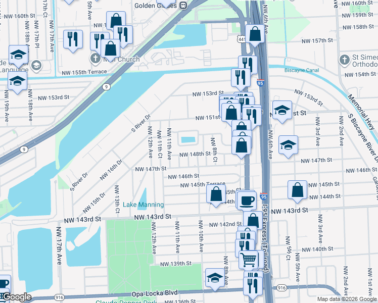 map of restaurants, bars, coffee shops, grocery stores, and more near 1050 Northwest 149th Street in Miami