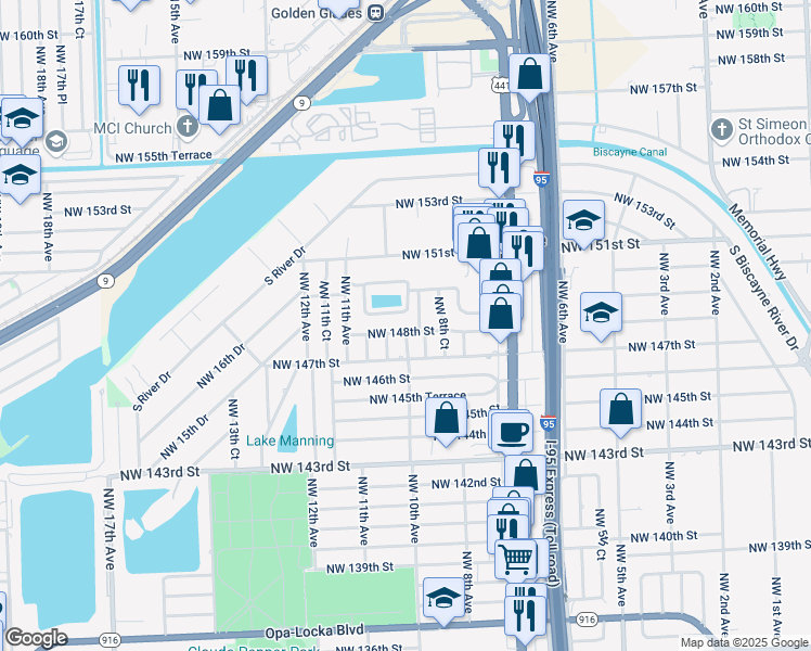 map of restaurants, bars, coffee shops, grocery stores, and more near 14900 Northwest 9th Court in Miami