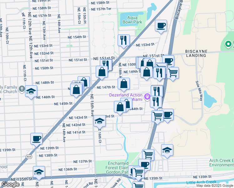 map of restaurants, bars, coffee shops, grocery stores, and more near 1730 Northeast 147th Street in Miami