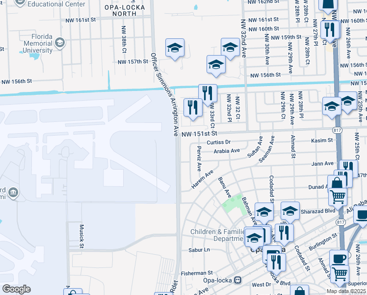 map of restaurants, bars, coffee shops, grocery stores, and more near 620 Oriental Boulevard in Opa-locka