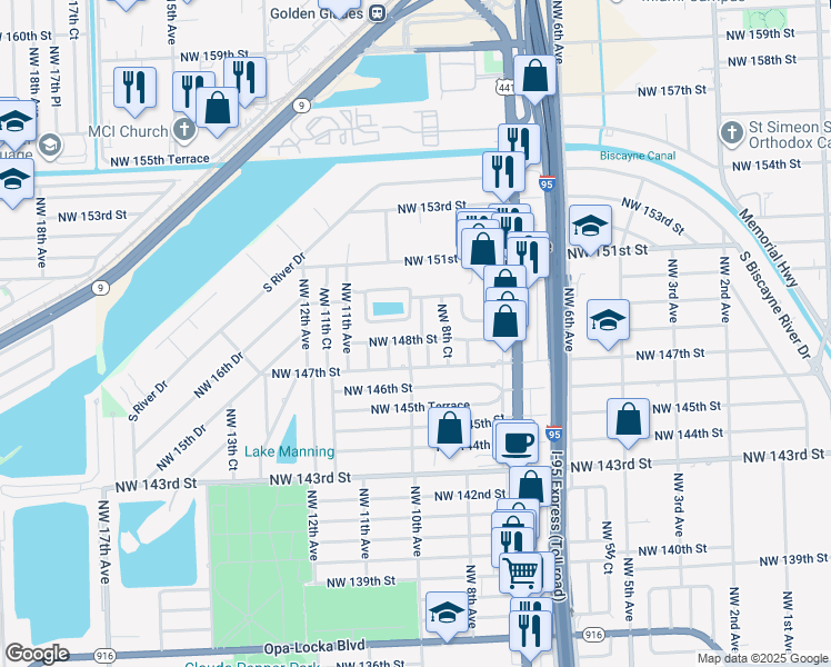 map of restaurants, bars, coffee shops, grocery stores, and more near 14900 Northwest 9th Court in Miami