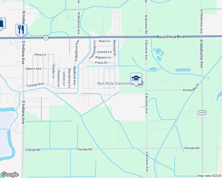 map of restaurants, bars, coffee shops, grocery stores, and more near 465 Frambuesa in Brownsville