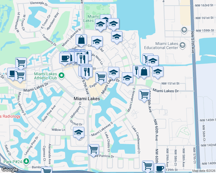 map of restaurants, bars, coffee shops, grocery stores, and more near 6460 Miami Lakes Drive in Miami Lakes