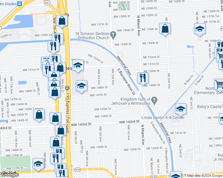 map of restaurants, bars, coffee shops, grocery stores, and more near 14720 Northwest 2nd Avenue in Miami