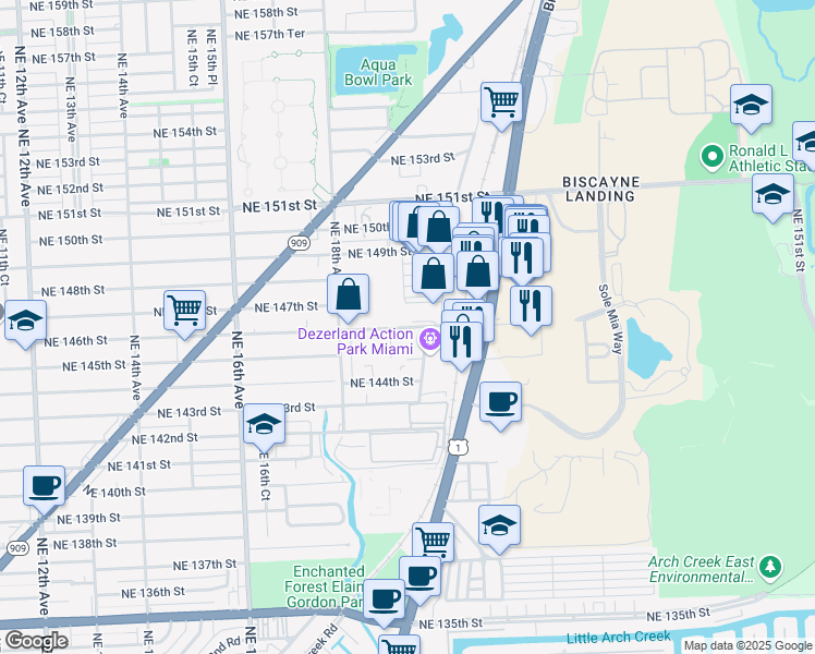 map of restaurants, bars, coffee shops, grocery stores, and more near 1897 Northeast 146th Street in North Miami