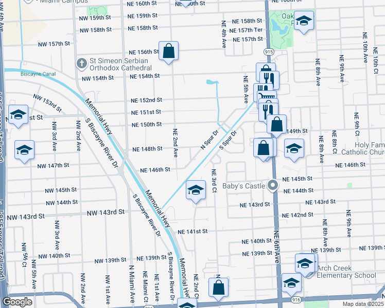 map of restaurants, bars, coffee shops, grocery stores, and more near 14720 Northeast 2nd Court in Miami
