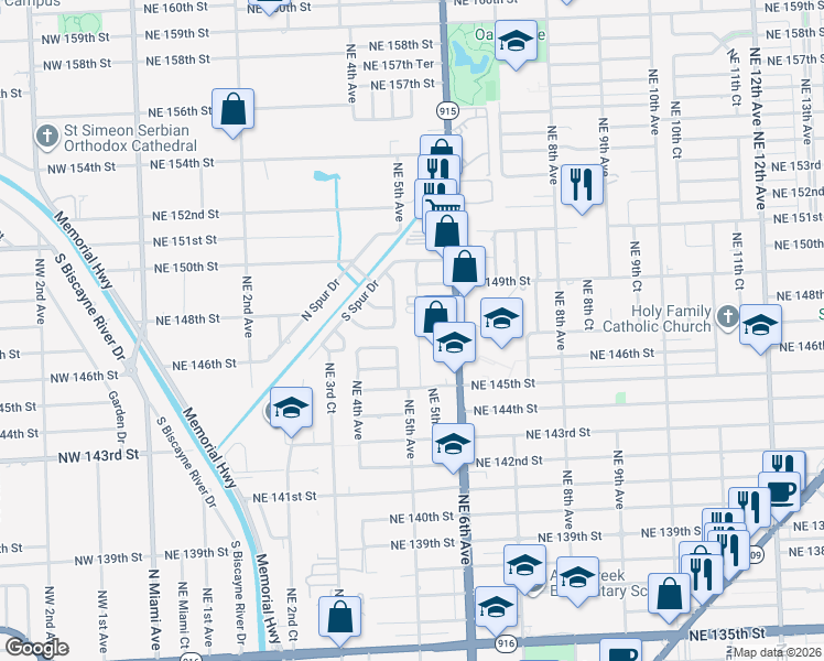 map of restaurants, bars, coffee shops, grocery stores, and more near 14725 Northeast 5th Court in Miami