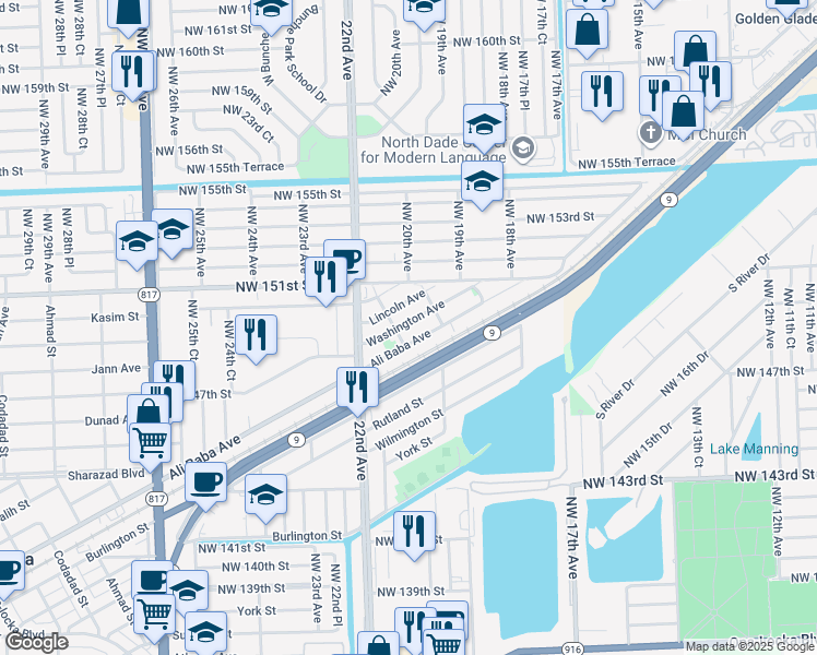 map of restaurants, bars, coffee shops, grocery stores, and more near 2013 Washington Avenue in Opa-locka