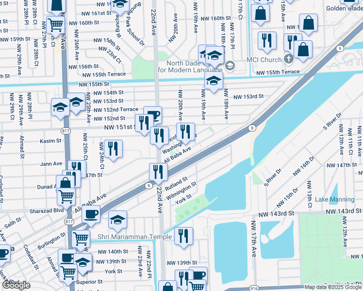map of restaurants, bars, coffee shops, grocery stores, and more near 2013 Washington Avenue in Opa-locka