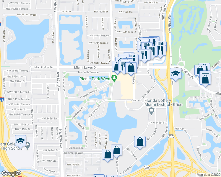 map of restaurants, bars, coffee shops, grocery stores, and more near 15185 Montrose Road in Hialeah