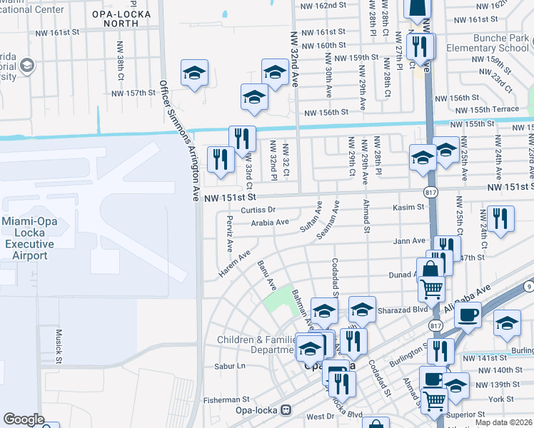 map of restaurants, bars, coffee shops, grocery stores, and more near 821 Curtiss Drive in Opa-locka
