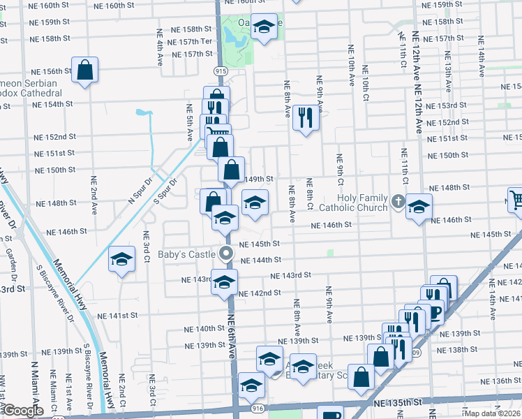 map of restaurants, bars, coffee shops, grocery stores, and more near 14770 Northeast 7th Avenue in Miami