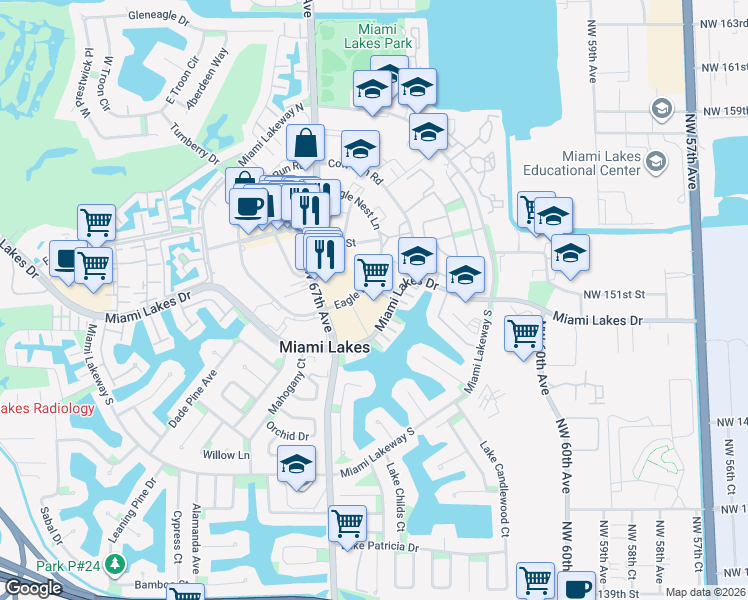map of restaurants, bars, coffee shops, grocery stores, and more near 15000 Miami Lakes Drive in Hialeah