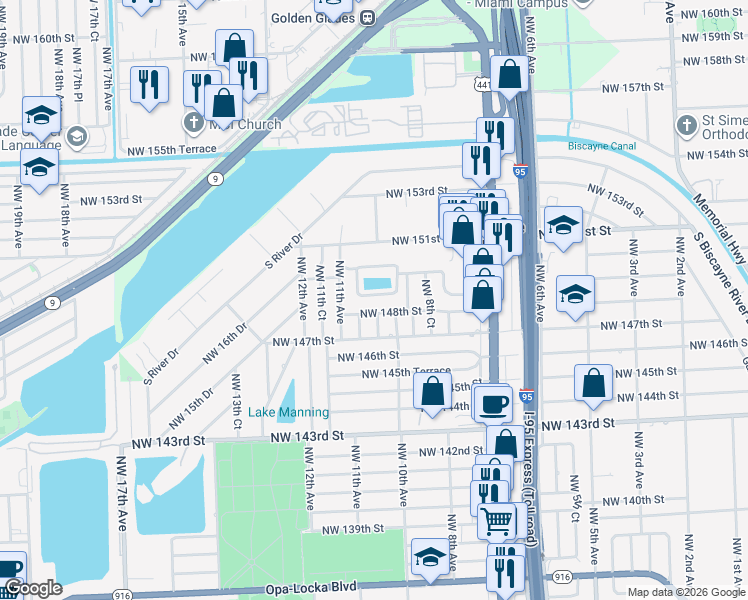 map of restaurants, bars, coffee shops, grocery stores, and more near 1050 Northwest 149th Street in Miami