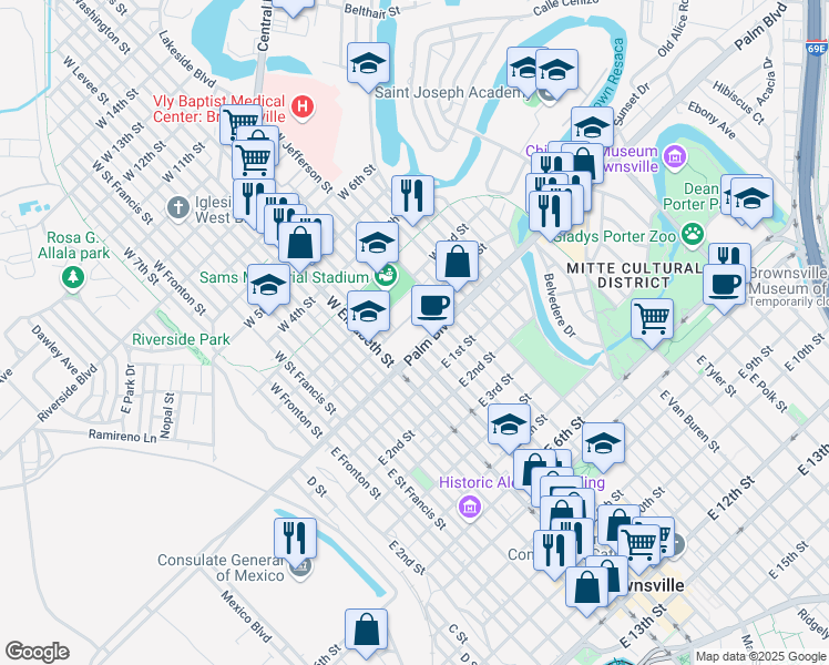 map of restaurants, bars, coffee shops, grocery stores, and more near 733 Palm Boulevard in Brownsville