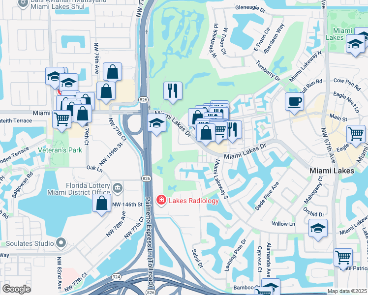 map of restaurants, bars, coffee shops, grocery stores, and more near 7490 Miami Lakes Drive in Hialeah