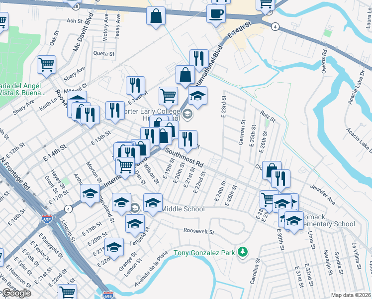 map of restaurants, bars, coffee shops, grocery stores, and more near 1854 Coolidge Street in Brownsville