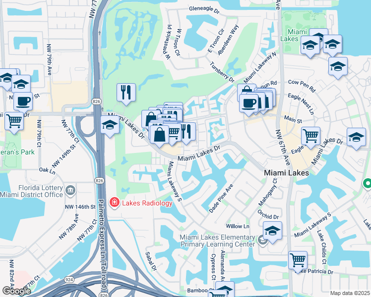 map of restaurants, bars, coffee shops, grocery stores, and more near 7223 Miami Lakes Drive in Miami Lakes