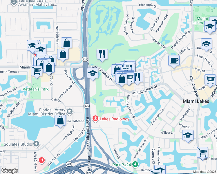 map of restaurants, bars, coffee shops, grocery stores, and more near 7490 Miami Lakes Drive in Hialeah