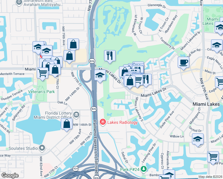 map of restaurants, bars, coffee shops, grocery stores, and more near 7490 Miami Lakes Drive in Hialeah