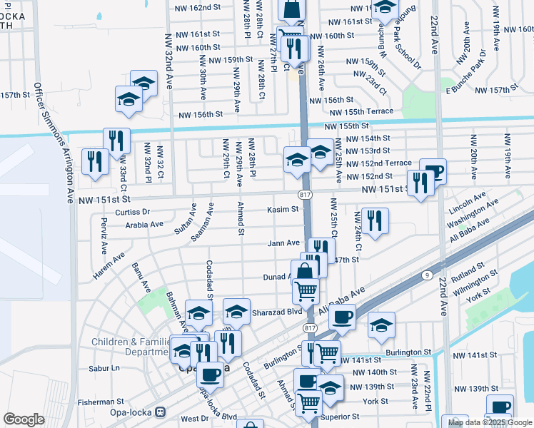map of restaurants, bars, coffee shops, grocery stores, and more near 1231 Kasim Street in Opa-locka
