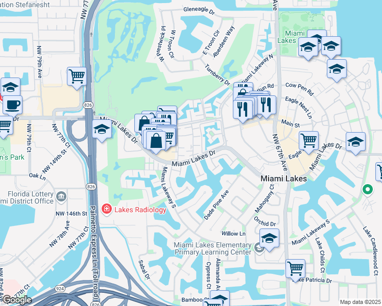 map of restaurants, bars, coffee shops, grocery stores, and more near 15189 Loch Isle Drive West in Hialeah
