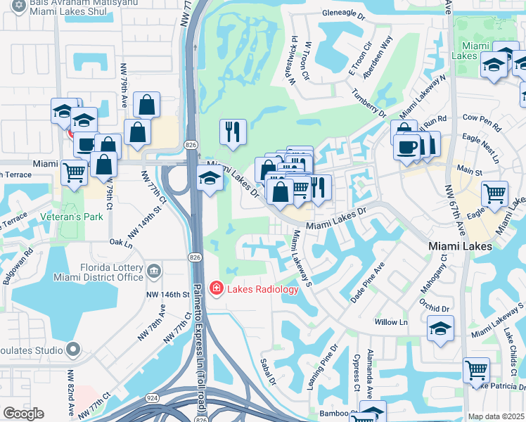 map of restaurants, bars, coffee shops, grocery stores, and more near 7430 Miami Lakes Drive in Miami Lakes