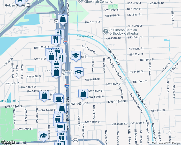 map of restaurants, bars, coffee shops, grocery stores, and more near 340 Northwest 149th Street in Miami
