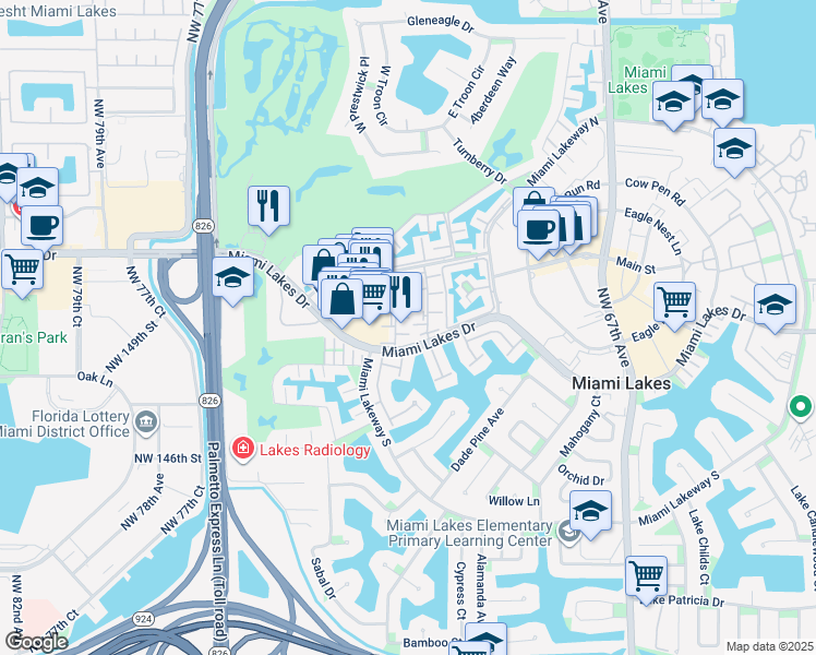 map of restaurants, bars, coffee shops, grocery stores, and more near 7223 Miami Lakes Drive in Miami Lakes